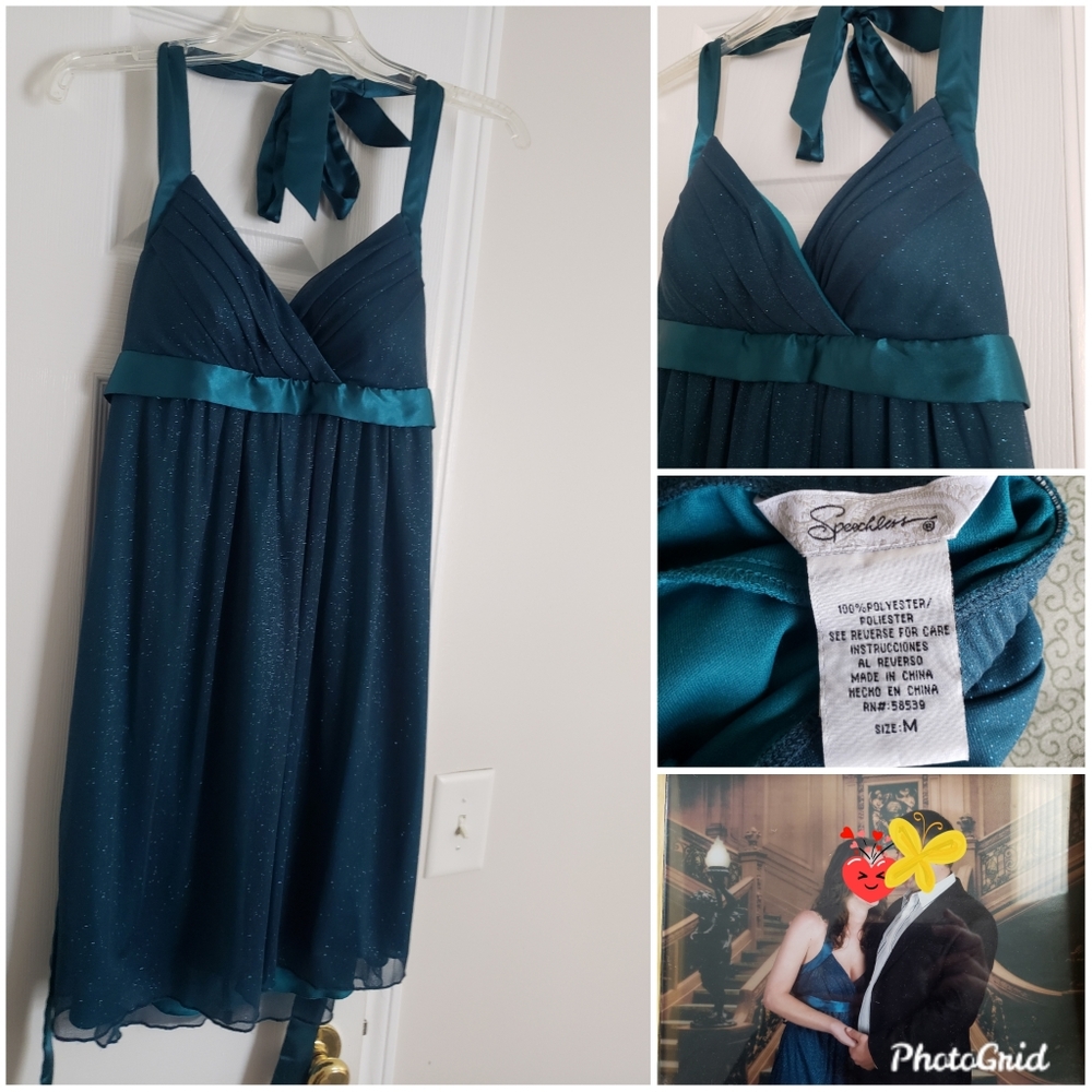 Beautiful formal teal sparkly halter-top dress
